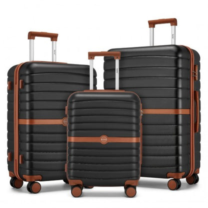 KSK2592 - Kono PC Striped Design with Colour-Block Details 3-Piece Hardshell Luggage Set with Spinner Wheels - Black and Brown