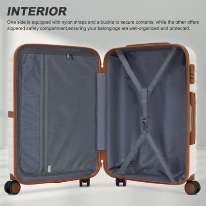 KSK2592 - Kono PC Striped Design with Colour-Block Details 3-Piece Hardshell Luggage Set with Spinner Wheels - Cream and Brown