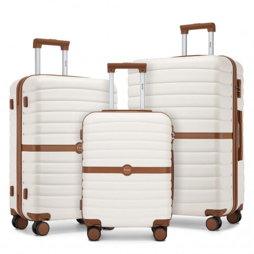 KSK2592 - Kono PC Striped Design with Colour-Block Details 3-Piece Hardshell Luggage Set with Spinner Wheels - Cream and Brown