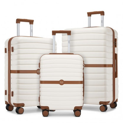 KSK2592 - Kono PC Striped Design with Colour-Block Details 3-Piece Hardshell Luggage Set with Spinner Wheels - Cream and Brown