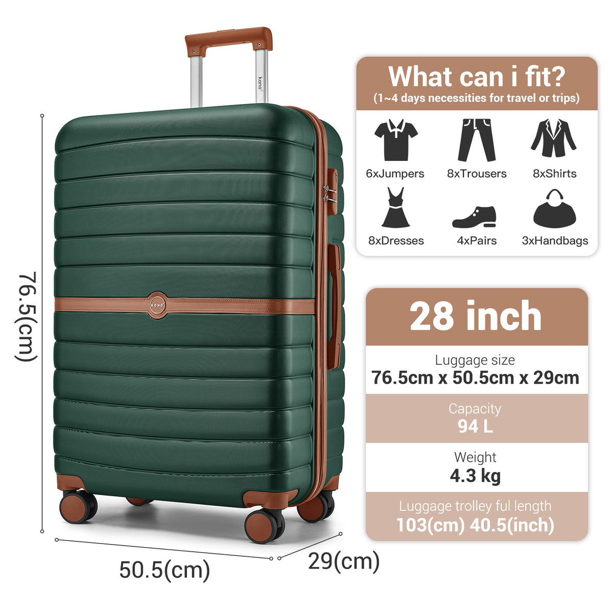 Kono 28" KSK2592 - ABS+PC Striped Design with Colour-Block Details Checked Luggage for Longer Travels