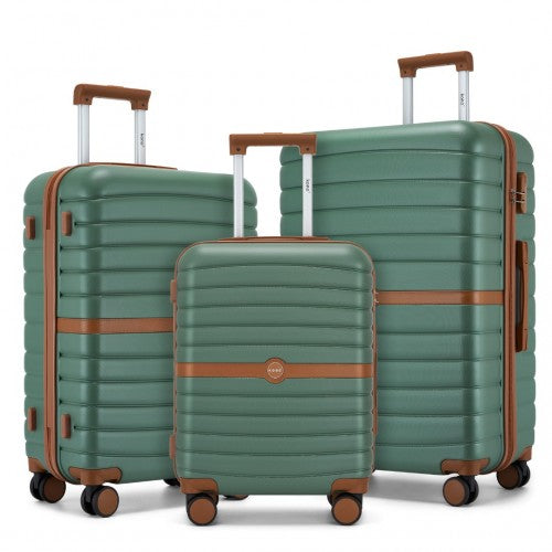 KSK2592 - Kono PC Striped Design with Colour-Block Details 3-Piece Hardshell Luggage Set with Spinner Wheels - Green and Brown