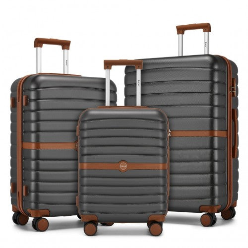 KSK2592 - Kono PC Striped Design with Colour-Block Details 3-Piece Hardshell Luggage Set with Spinner Wheels - Grey and Brown
