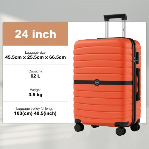 24-inch orange luggage specification graphic showing 62L capacity, 3.5kg weight, and 103cm handle height
