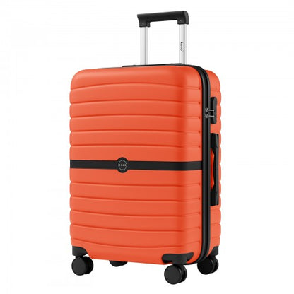 Front view of orange 24-inch ABS+PC suitcase with horizontal ribbed texture, black trim, and extended silver telescopic handle