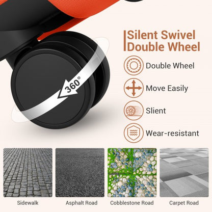 Close-up of matte black silent swivel double wheels on orange suitcase designed for smooth movement on various terrains