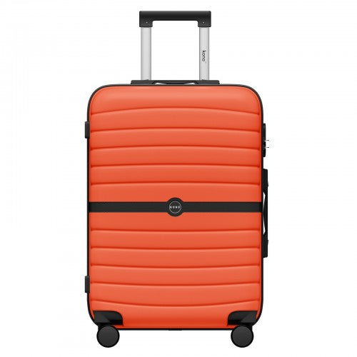 Orange 24-inch hard-shell suitcase with ribbed surface, black color-block stripe, and four silent spinner wheels