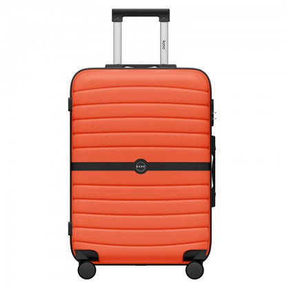 Orange 24-inch hard-shell suitcase with ribbed surface, black color-block stripe, and four silent spinner wheels