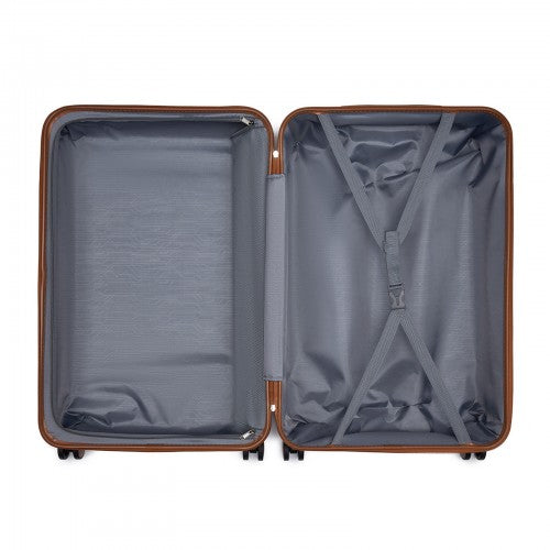 Empty 28-inch burgundy suitcase interior showing symmetrical X-strap system and gray polyester compartments