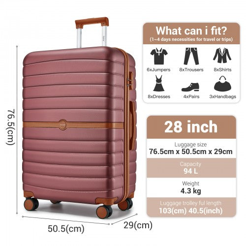 28-inch burgundy hard-shell suitcase with dimensions, 94L capacity, and telescopic handle extended