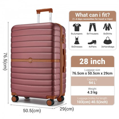 28-inch burgundy hard-shell suitcase with dimensions, 94L capacity, and telescopic handle extended