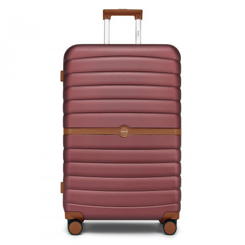 Front view of 28-inch burgundy hard-shell suitcase with vertical ribs, brown band, and spinner wheels