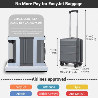 KSK2596 - Kono 16 Inch ABS Hard Shell Under-Seat Cabin Suitcase with Spinner Wheels - Grey