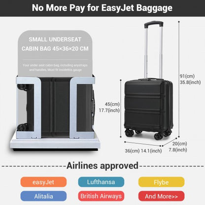 KSK2596 - Kono 16 Inch ABS Hard Shell Under-Seat Cabin Suitcase with Spinner Wheels - Black