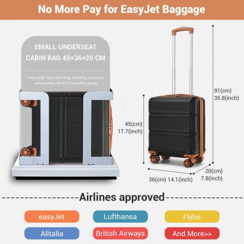 KSK2596 - Kono 16 Inch ABS Hard Shell Under-Seat Cabin Suitcase with Spinner Wheels - Black And Brown