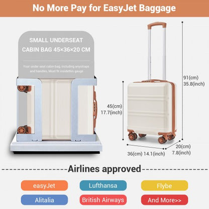 KSK2596 - Kono 16 Inch ABS Hard Shell Under-Seat Cabin Suitcase with Spinner Wheels - Cream And Brown