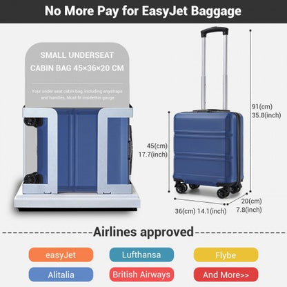 KSK2596 - Kono 16 Inch ABS Hard Shell Under-Seat Cabin Suitcase with Spinner Wheels - Navy