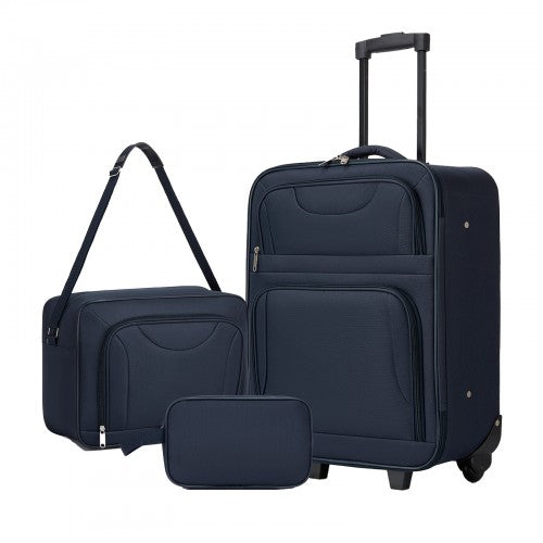 KSN2586 - 3 Piece 20 Inch Soft-shell Luggage Set with Cabin Shoulder Bag & Toiletry Bag, Lightweight Carry-On Travel Combo - Navy