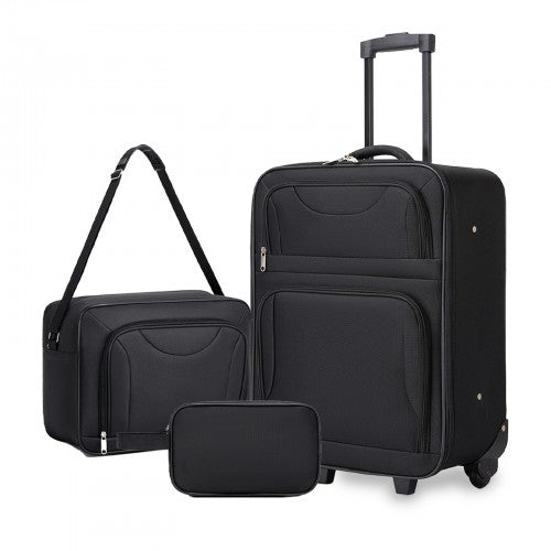 KSN2586 - 3 Piece 20 Inch Soft-shell Luggage Set with Cabin Shoulder Bag & Toiletry Bag, Lightweight Carry-On Travel Combo - Black