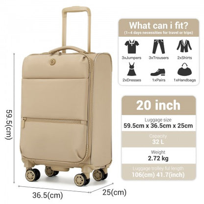 KSN2593 - 20 inch Women's Lightweight Softshell Suitcase with Spinner Wheels and Spacious Compartments - Khaki