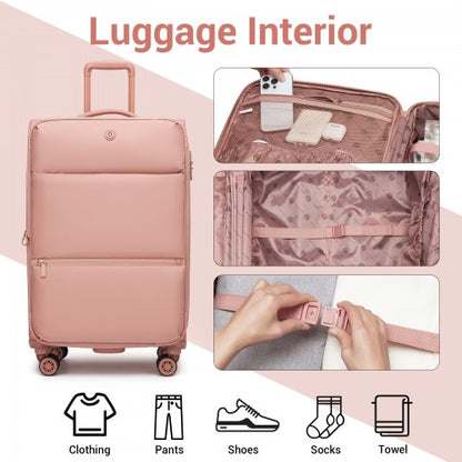 KSN2593 - 26 inch Women's Lightweight Softshell Suitcase with Spinner Wheels and Spacious Compartments - Pink