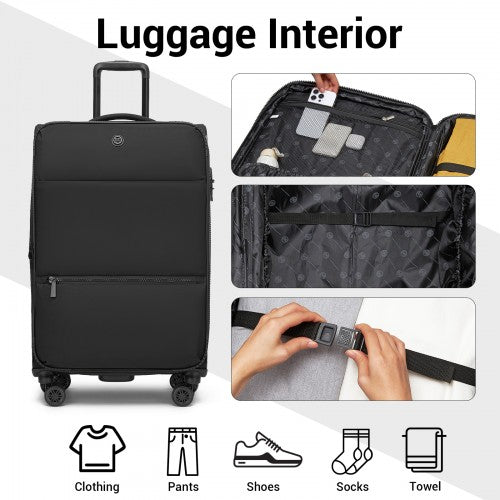 KSN2593 - 26 inch Women's Lightweight Softshell Suitcase with Spinner Wheels and Spacious Compartments - Black