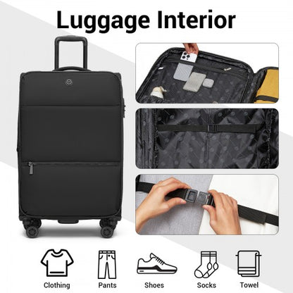 KSN2593 - 26 inch Women's Lightweight Softshell Suitcase with Spinner Wheels and Spacious Compartments - Black
