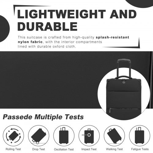 KSN2593 - 20 inch Women's Lightweight Softshell Suitcase with Spinner Wheels and Spacious Compartments - Black