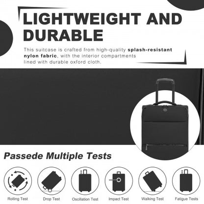 KSN2593 - 20 inch Women's Lightweight Softshell Suitcase with Spinner Wheels and Spacious Compartments - Black