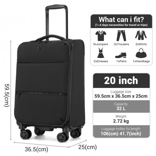 KSN2593 - 20 inch Women's Lightweight Softshell Suitcase with Spinner Wheels and Spacious Compartments - Black
