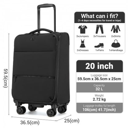 KSN2593 - 20 inch Women's Lightweight Softshell Suitcase with Spinner Wheels and Spacious Compartments - Black
