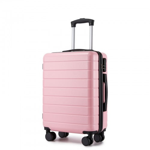 Light pink 20 inch hard shell suitcase with black trim, spinner wheels, and extended handle