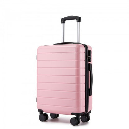 Light pink 20 inch hard shell suitcase with black trim, spinner wheels, and extended handle