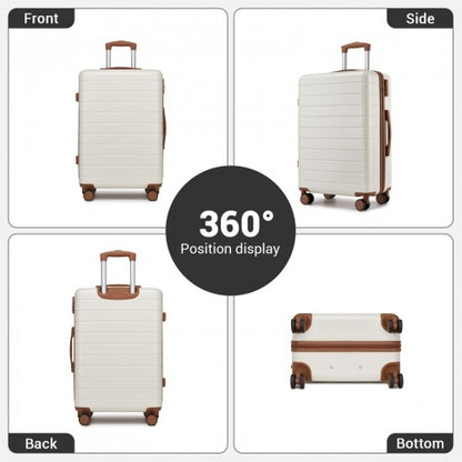 Cream hard shell luggage with brown accents shown in four-panel 360 degree view