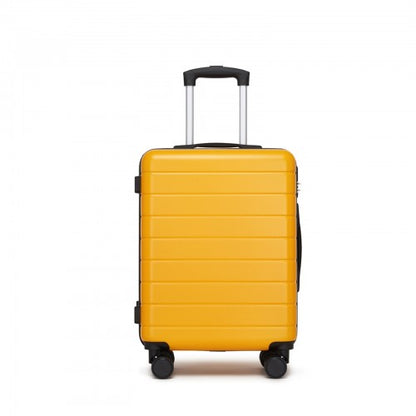 Mustard-yellow glossy ABS suitcase with dual-wheel spinner casters