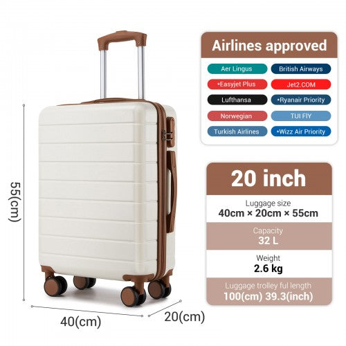 White 20-inch carry-on with brown trim showing airline approval logos and capacity specs