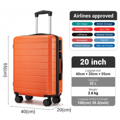Orange hard-shell suitcase with dimension labels and airline compatibility list for travelers