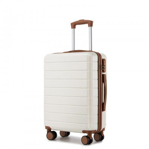 Cream hard-shell suitcase with ribbed texture and brown trim wheels