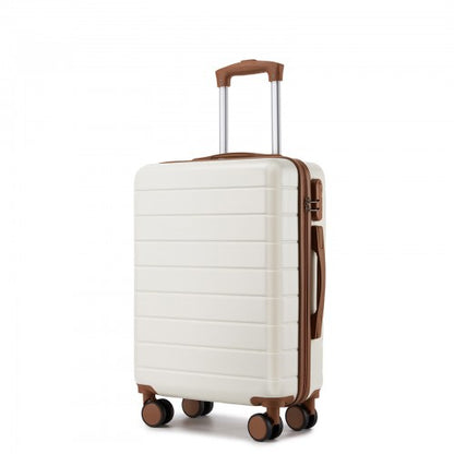 Cream hard-shell suitcase with ribbed texture and brown trim wheels