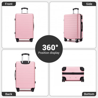 Pink 20 inch hard shell suitcase front side back and bottom view with black hardware