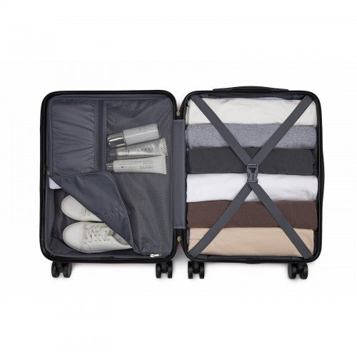 Open dark gray carry-on with fully lined interior, compression straps, and mesh pockets for shoes