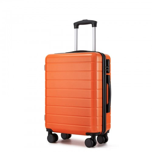 Vibrant orange ribbed hard-shell carry-on with extended silver handle