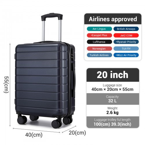 Charcoal 20-inch airline-approved suitcase with dimensions and weight specs for major carriers