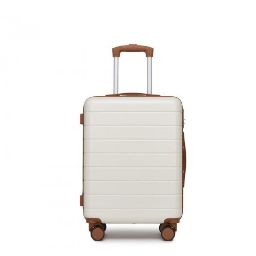 Cream suitcase with brown accents on handles and wheel housings