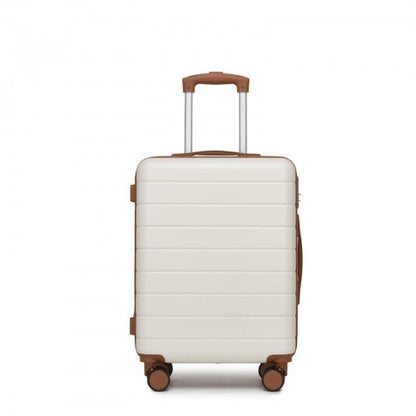Cream suitcase with brown accents on handles and wheel housings