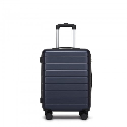 Navy blue 20-inch hard-shell carry-on suitcase with horizontal ribbed texture and 360 spinner wheels