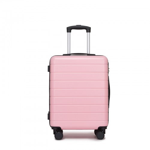Soft pink 20-inch hard-shell carry-on with matte ribbed texture and black side handles