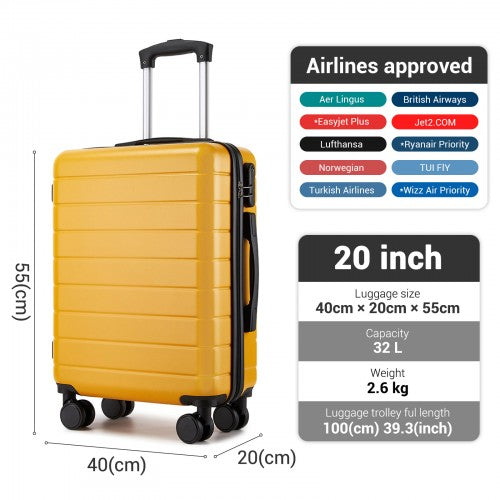 Mustard yellow 20 inch cabin approved carry-on listing major airline logos and dimensions