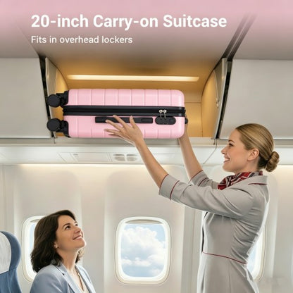 Pink cabin-sized suitcase being stored in overhead compartment by flight attendant