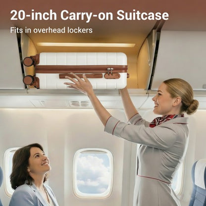 White 20-inch carry-on luggage fitting in airplane overhead locker